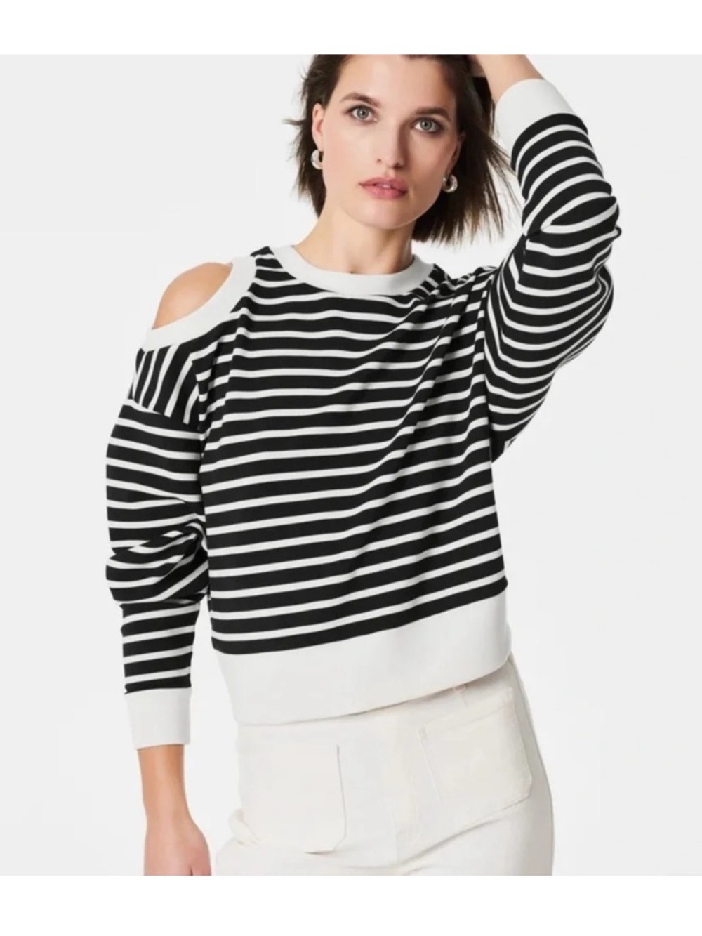 NWT Spanx AirEssentials Cold Shoulder Top in Black & White Stripe